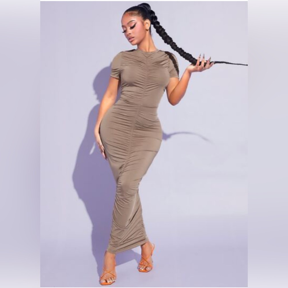 European brand Elegant Tan Ruched Dress
